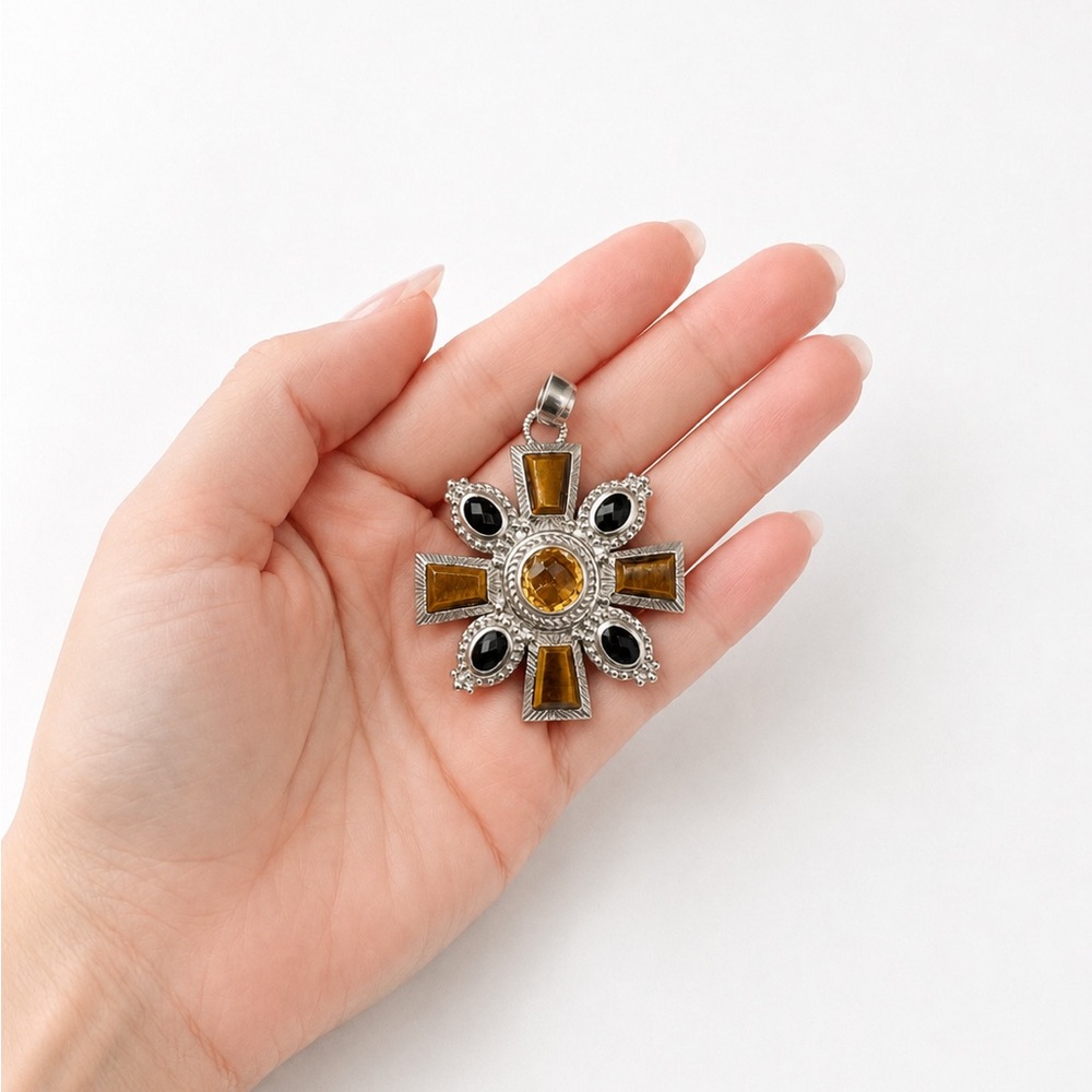 JUDITH RIPKA 925 Sterling Silver Citrine Tiger’s Eye Onyx Maltese Pendant - Picture 8 of 14